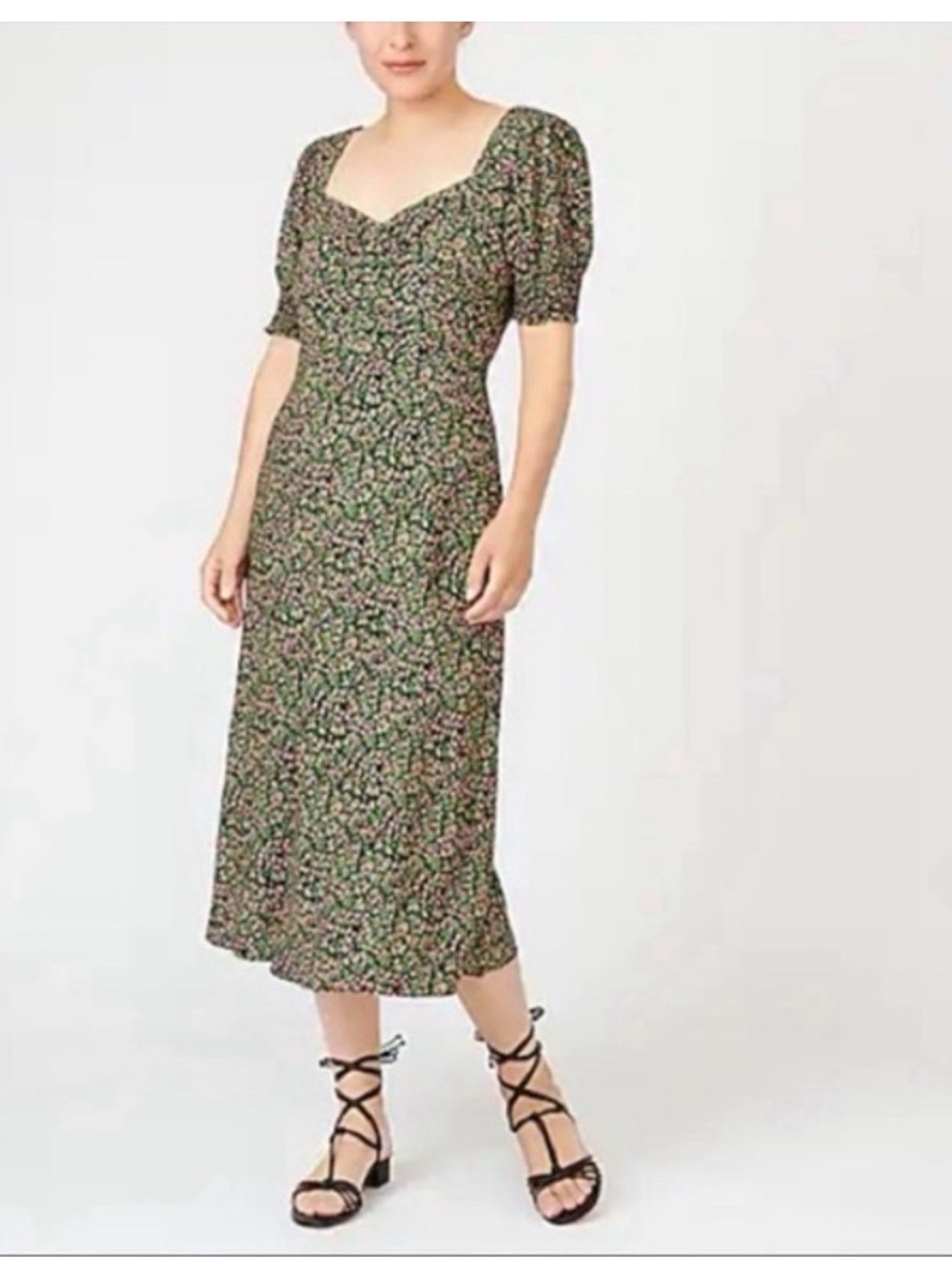 J Crew Green/Pink/Black Floral Midi Dress with Sweetheart Neckline